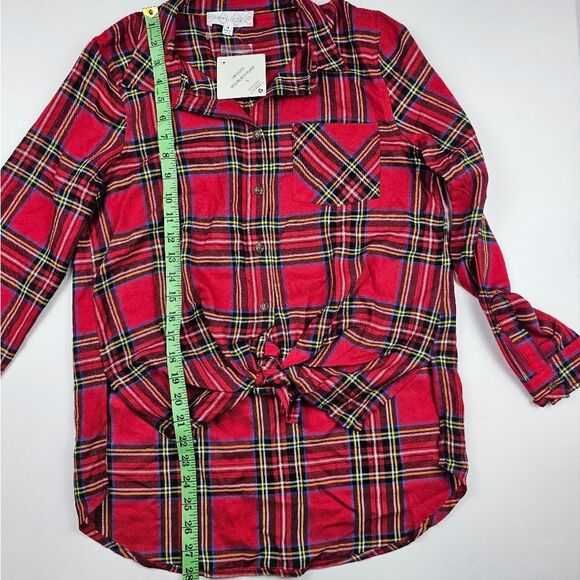 Hippie Rose -658 NWT Red Black Plaid Long Sleeve Front Knot Button Down Shirt S - Picture 6 of 9